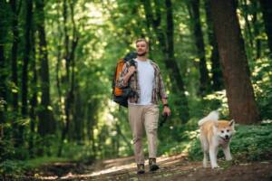 Padrone in passeggiata col proprio cane senza guinzaglio.