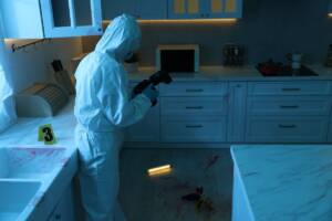 scena del crimine di una cucina con un uomo della scientifica